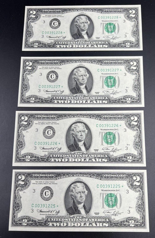 Lot of 4 Consecutive 1976 $2 FRN * Star Federal Reserve Notes CH UNC Bills