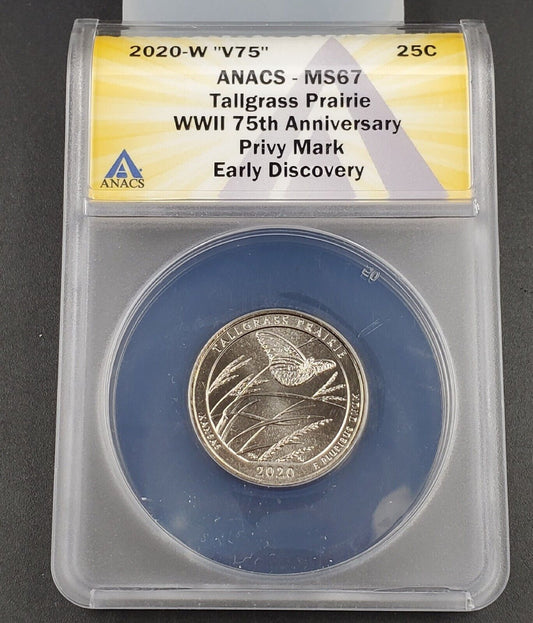 2020 W Tallgrass Prairie National Park Quarter ANACS  MS67 V75 WWII PRIVY Mark