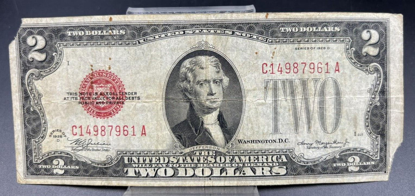 1928 D $2 Red Seal Legal Tender Note Bill Mule Note Micro & Macro # Variety Circ