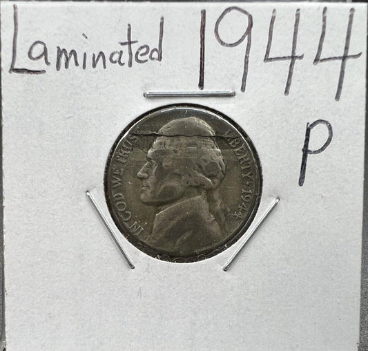 1944 P Jefferson Silver WW2 War Nickel Coin Laminated Planchet error