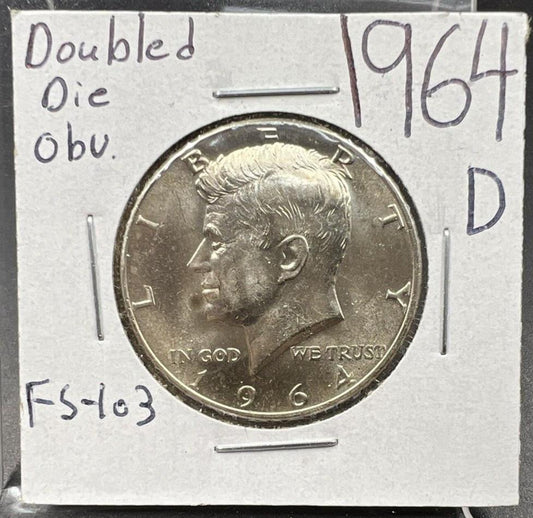 1964 D 50C Kennedy Half Dollar Coin BU UNC DDO Double Die OBV FS-103