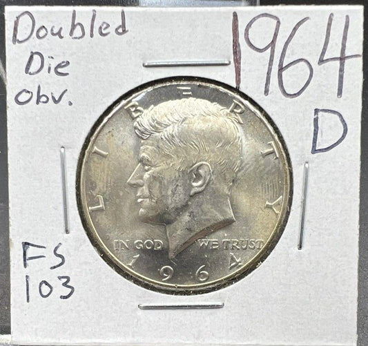 1964 D 50C Kennedy Half Dollar Coin BU UNC DDO Double Die OBV FS-103 Toned