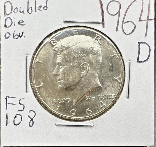 1964 D 50C Kennedy Half Dollar Coin BU  UNC DDO Double Die OBV FS-108