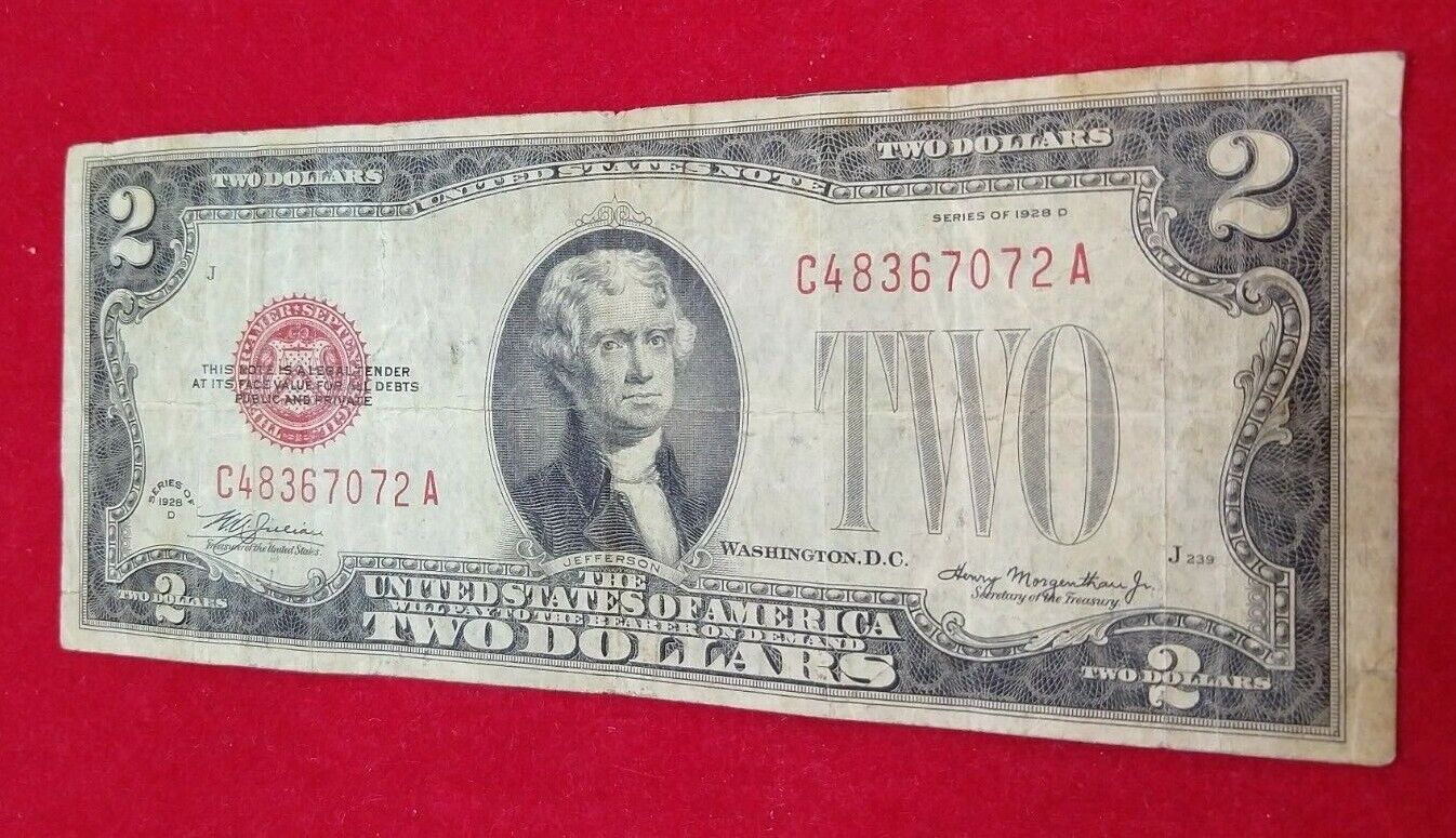 1928 D $2 United States Note Red Seal Circulated Condition J Block Bill