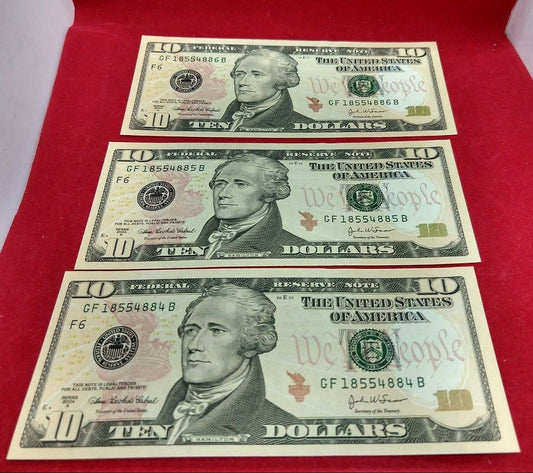 Lot 3 Consecutive 2004 A FRN $10 Federal Reserve Notes Choice Uncirculated 2