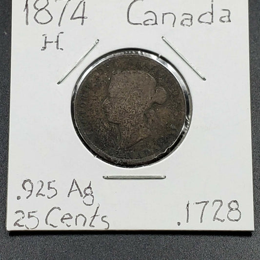1874 H 25c Canada 25 Cents Silver Quarter Coin Very Circulated