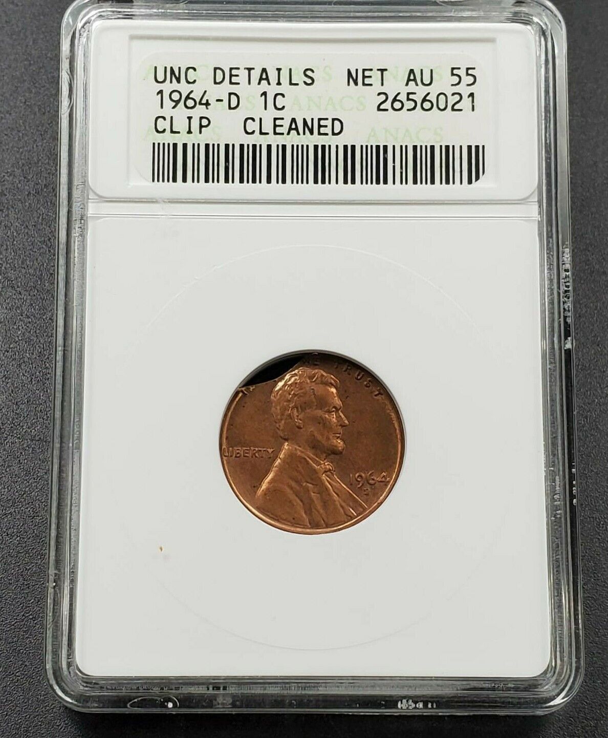 1964 D Lincoln Cent Penny Coin ANACS UNC DETS CLIPPED PLANCHET CLIP ERROR