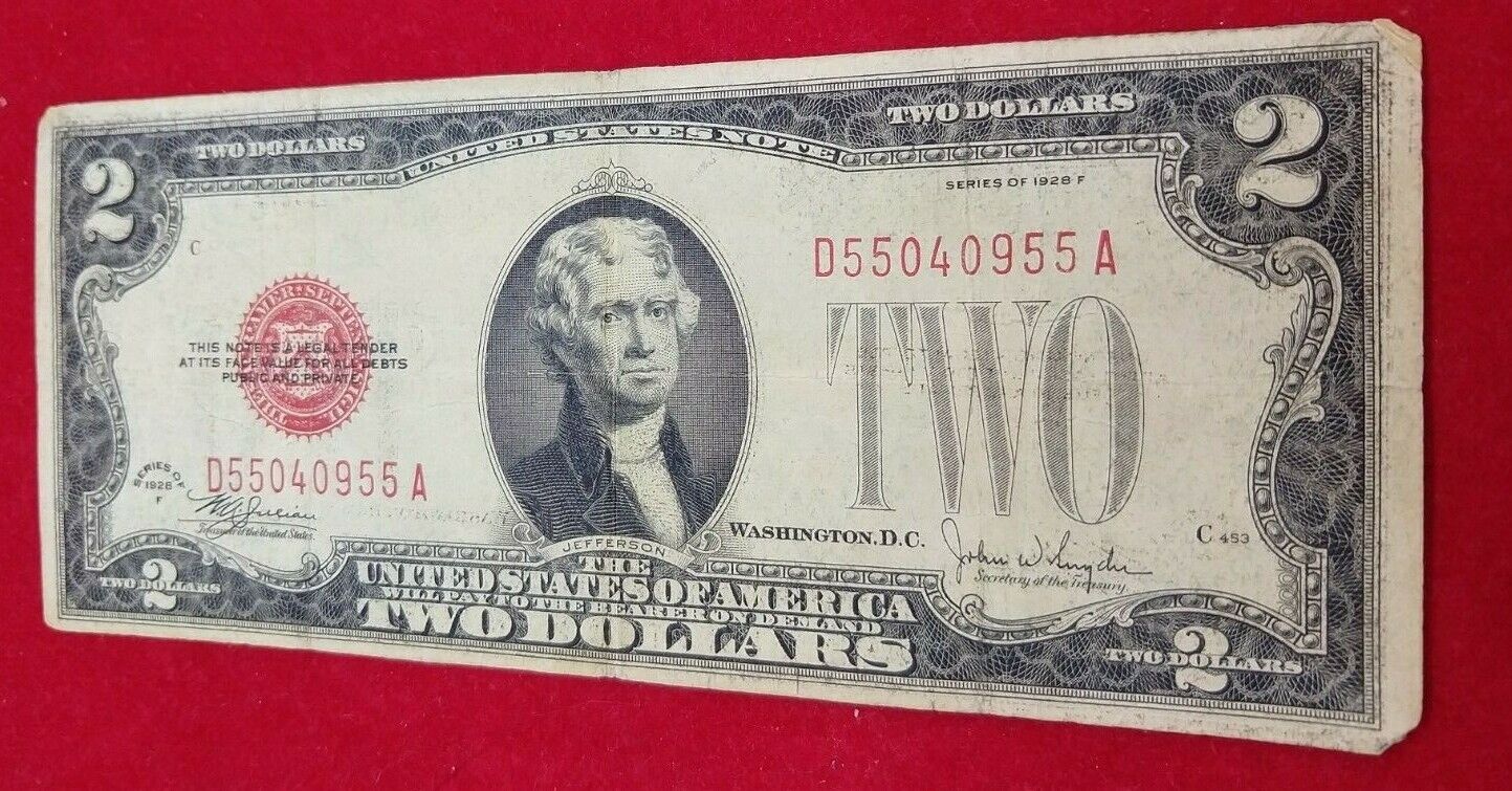 1928 F $2 United States Currency Legal Tender Note VG / F Double Repeat Serial #