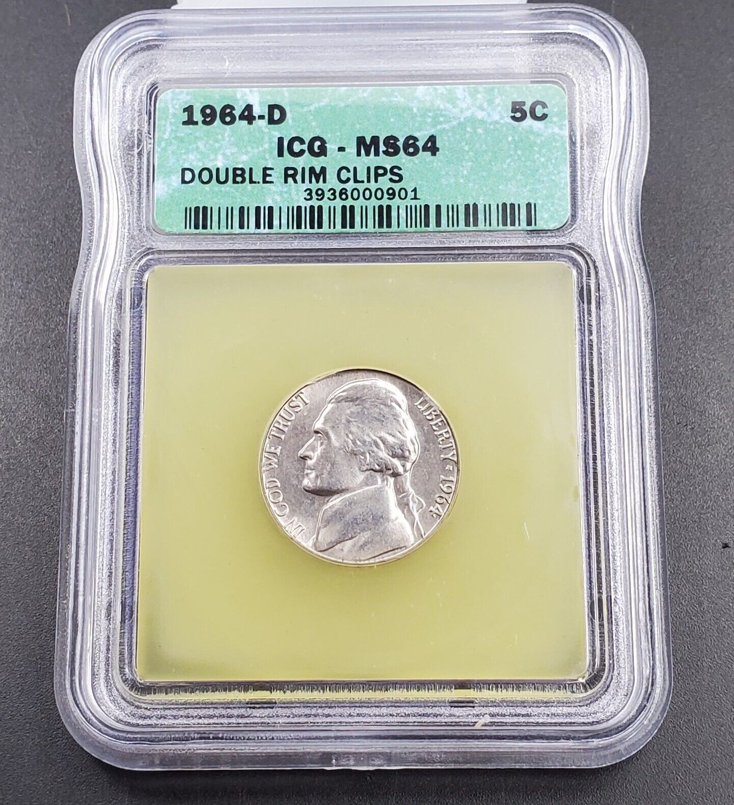 1964 D Jefferson Nickel Coin Vintage ICG MS64 Double Rim Clips Error Coin