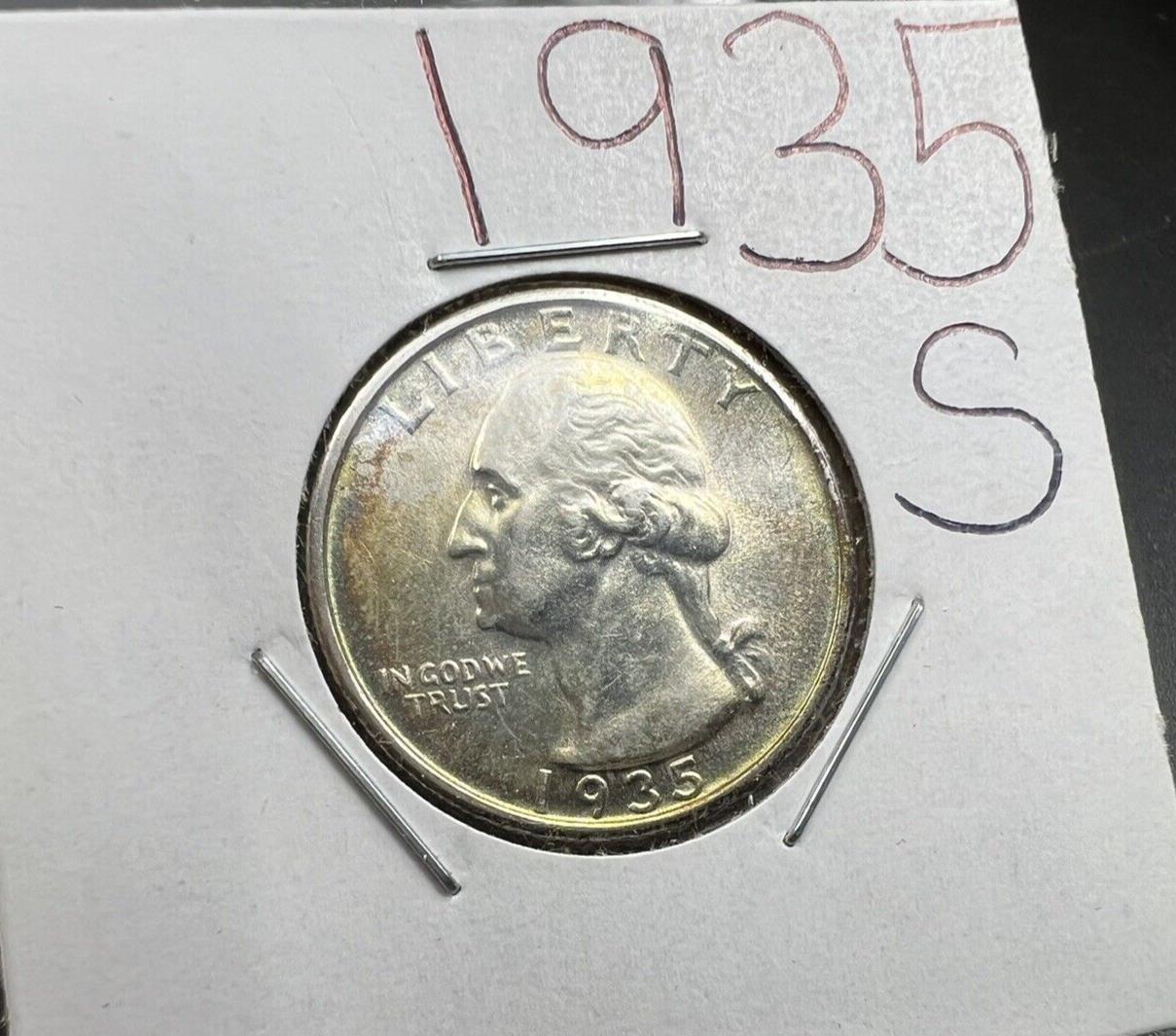 1935 S 25c Washington Silver Quarter Coin BU UNC Nice Toning Toner