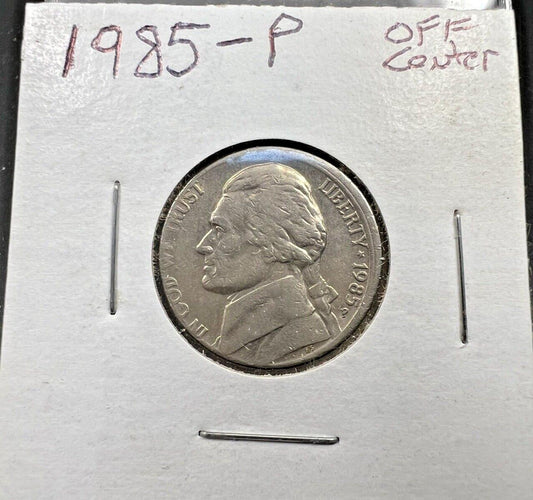 1985 P 5c Broadstrike Off Center Error Jefferson Nickel XF Circ