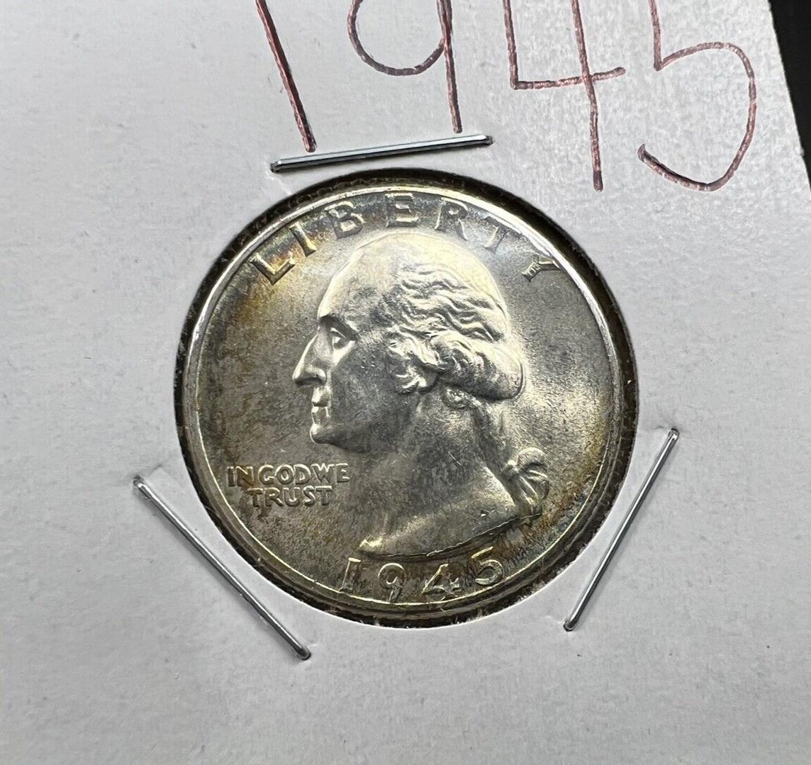 1945 P Washington Silver Quarter Coin Choice BU UNC Nice Toning Toner #A
