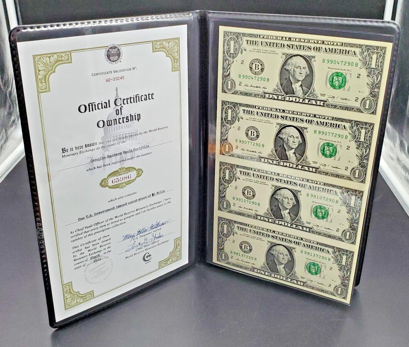 World Reserve Monetary Exchange U.S. Govt Issued Uncut Sheet of 4 $1 Bills # I