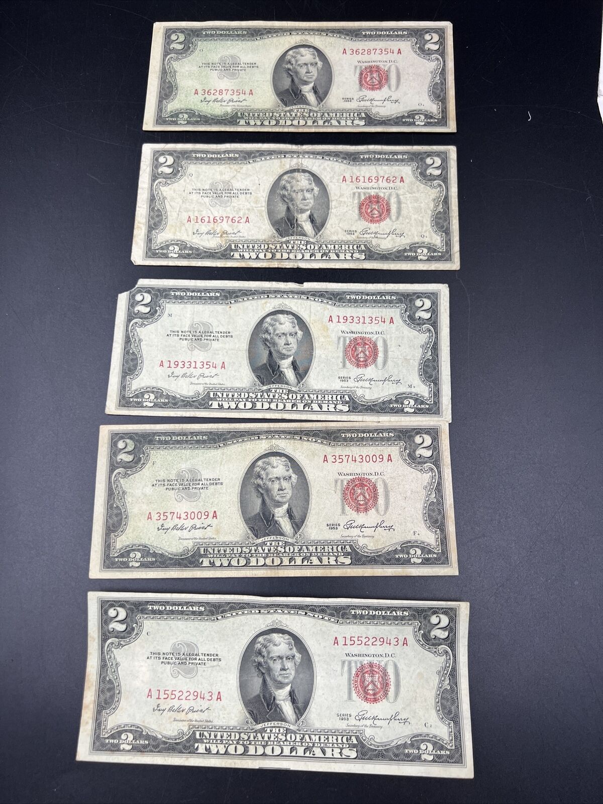 Lot of 5 1953 $2 TWO Dollar United States Red Seal Legal Tender Cull thru VG