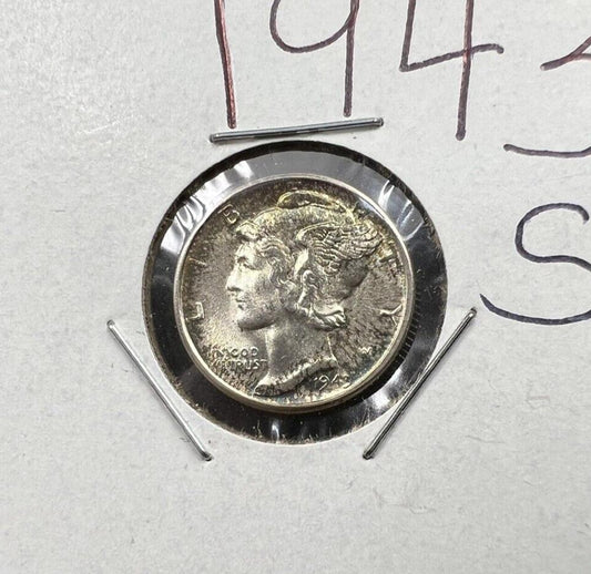 1943 S Mercury Silver Dime Coin BU UNC PQ Toning Toner