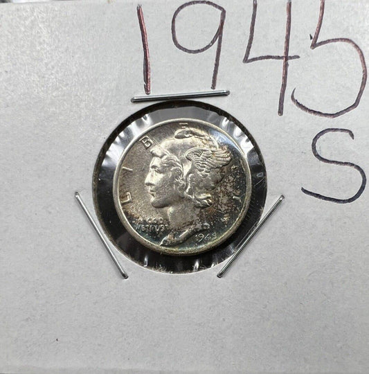 1945 S Mercury Silver Dime Coin Choice AU About UNC PQ Toning Toner