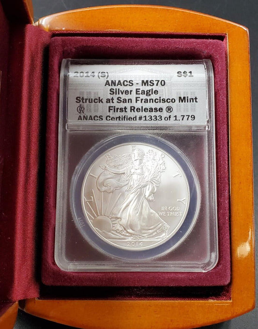 2014 S American Silver Eagle $1 ANACS Certified MS70 First Release OGP Wood Box