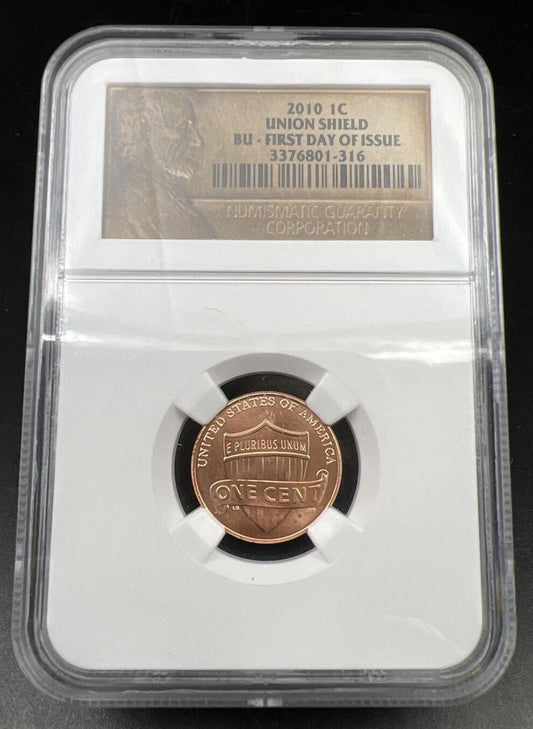 2010 Union Shield 1c Lincoln Cent NGC Certified BU First Day Issue Sample Slab