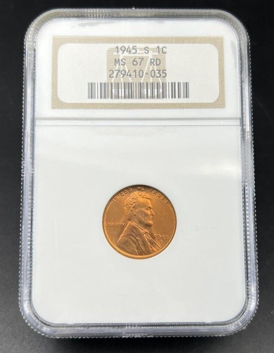 1945 S 1c Lincoln Wheat Cent Penny Coin NGC MS67 RD Gem BU Certified #035