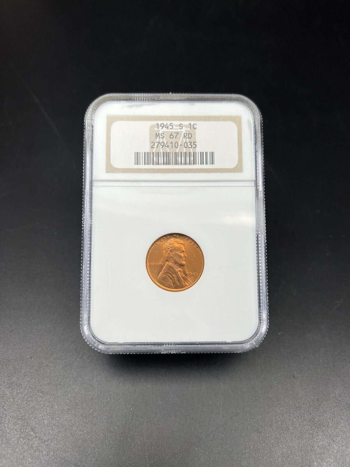 1945 S 1c Lincoln Wheat Cent Penny Coin NGC MS67 RD Gem BU Certified #035