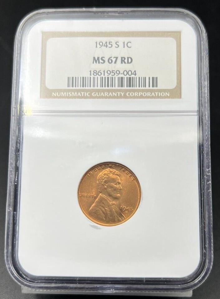 1945 S 1c Lincoln Wheat Cent Penny Coin NGC MS67 RD Gem BU Certified