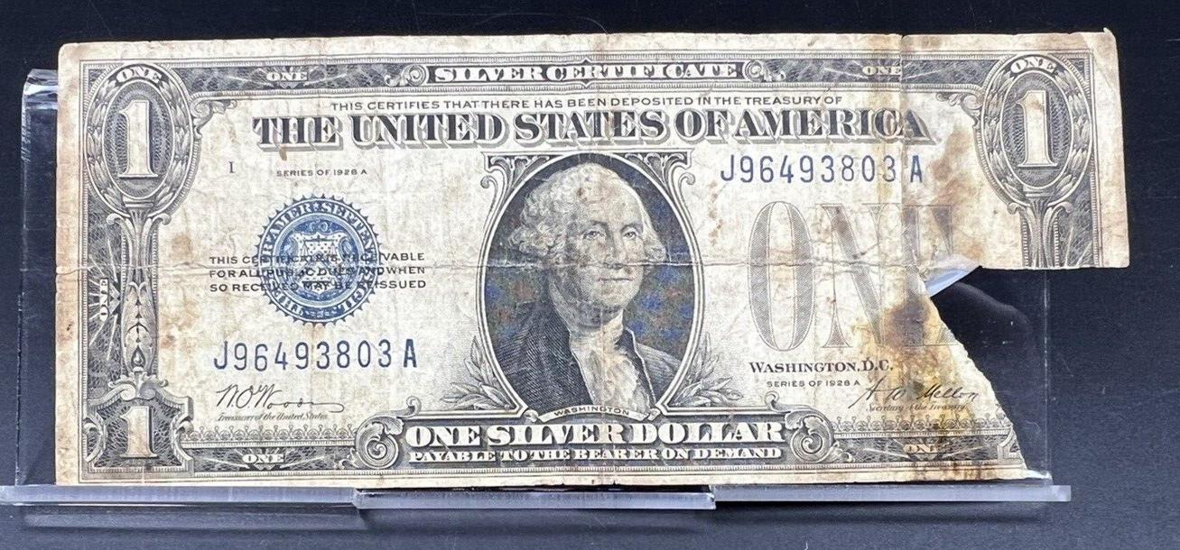 1928 A $1 Funnyback Funny Back Silver Certificate Blue Seal Damaged Circ