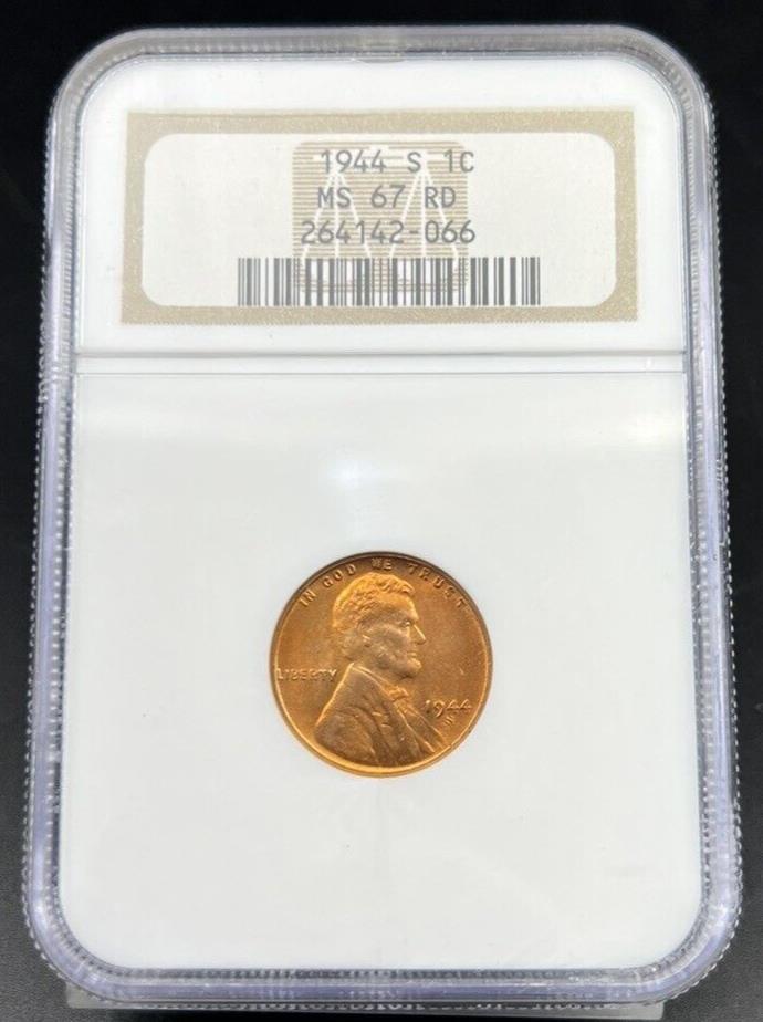 1944 S 1c Lincoln Wheat Cent Penny Coin NGC MS67 RD Gem BU Certified #066