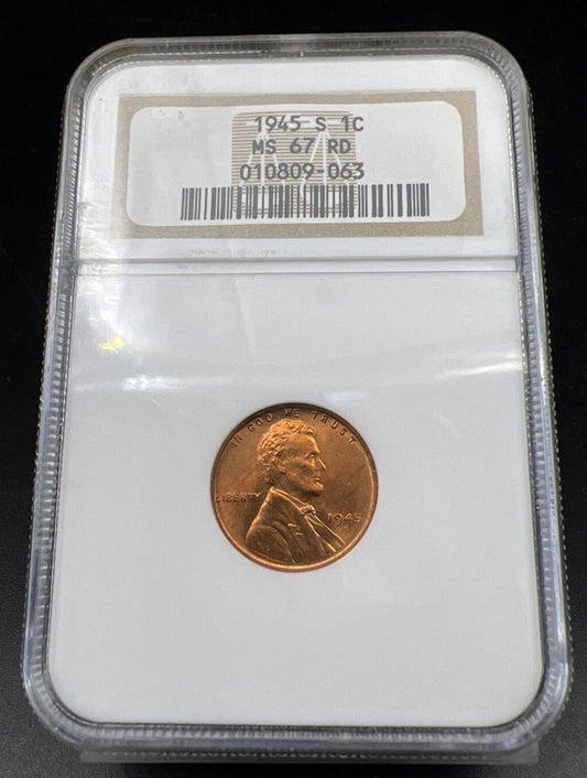 1945 S 1c Lincoln Wheat Cent Penny Coin NGC MS67 RD Gem BU Certified #063