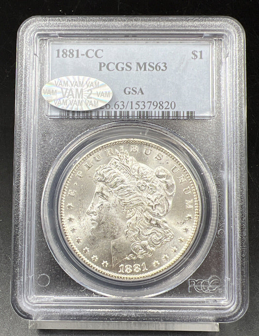 1881 CC Morgan Silver Eagle Dollar Coin PCGS MS63 GSA Hoard VAM 2 Variety RPD