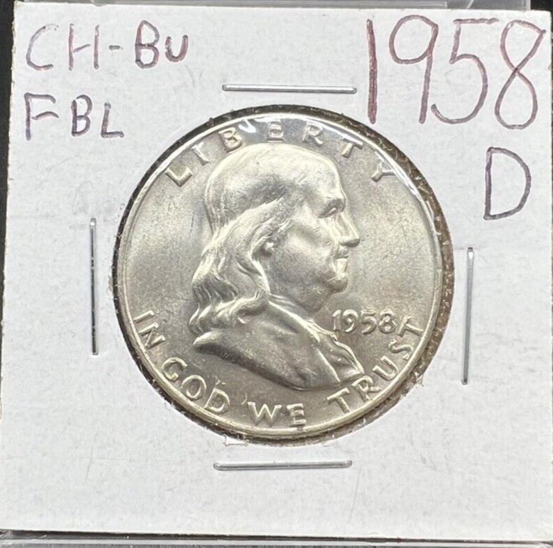 1958 D Franklin Silver Half Dollar Coin Choice BU Unc FBL Full Bell Line