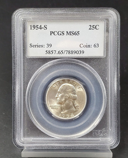 1954 S 25C Washington Quarter Silver Coin PCGS MS65 #039 Gem BU Certified