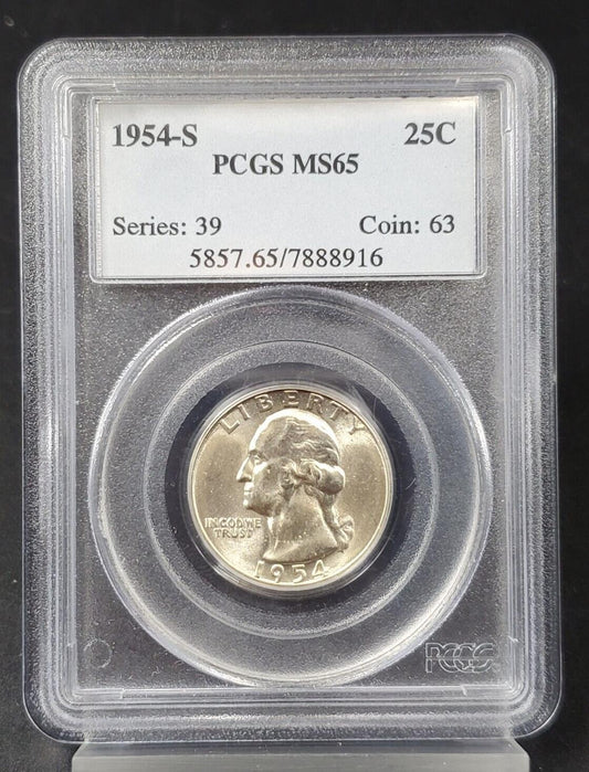 1954 S 25C Washington Quarter Silver Coin PCGS MS65 #916 Gem BU Certified