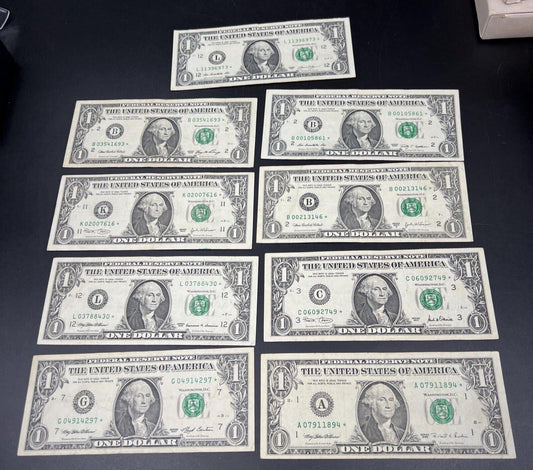 Lot of 9 Different * Star Note Federal Reserve $1 One Bills 1993 - 2013 Circ #2