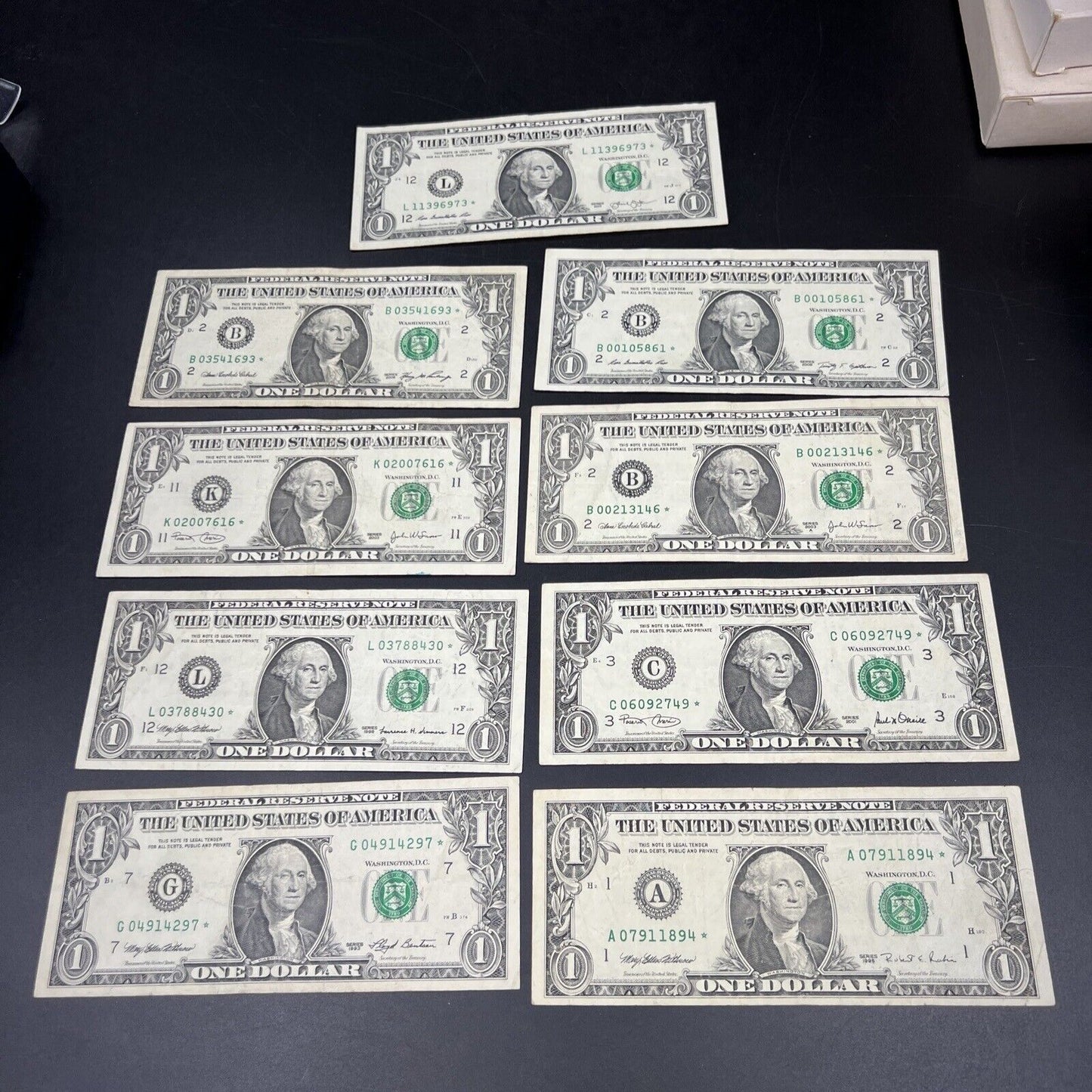 Lot of 9 Different * Star Note Federal Reserve $1 One Bills 1993 - 2013 Circ #2