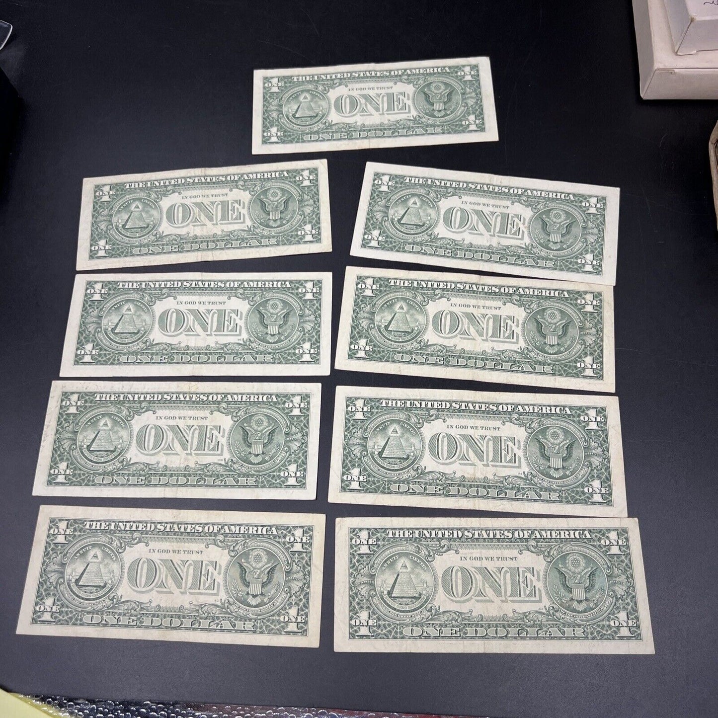 Lot of 9 Different * Star Note Federal Reserve $1 One Bills 1993 - 2013 Circ #2