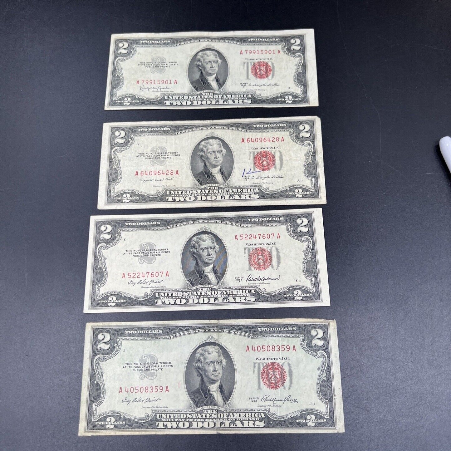 4 NOTE SET 1953 + ABC $2 Red Seal Legal Tender Circ Two Dollar Bill Good VG Fine