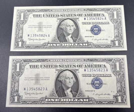 2 Consecutive 1957 B $1 Silver Certificate USA Note Bills Choice UNC Blue Seal