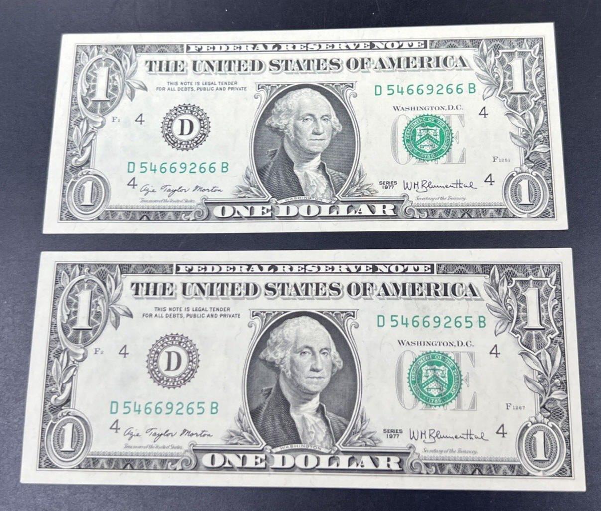 2 CONSECUTIVE 1977 $1 FRN Federal Reserve Note Bill CH Unc