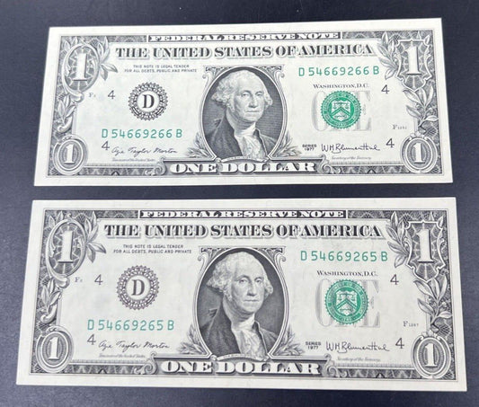 2 CONSECUTIVE 1977 $1 FRN Federal Reserve Note Bill CH Unc