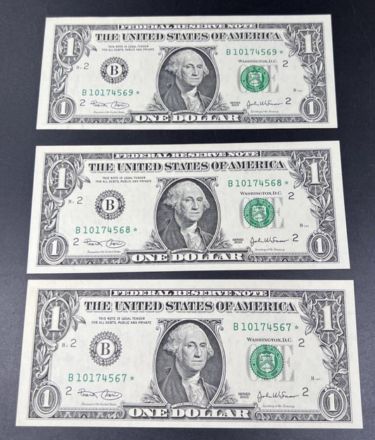 3 Consecutive 2003 * Star Notes $1 FRN Federal Reserve Note Dollar Bill CH UNC