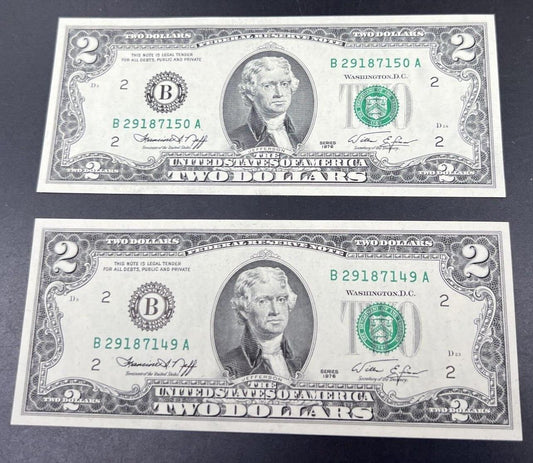 2 CONSECUTIVE 1976 $2 FRN Bicentennial Two Federal Reserve NOTE CH UNC #149