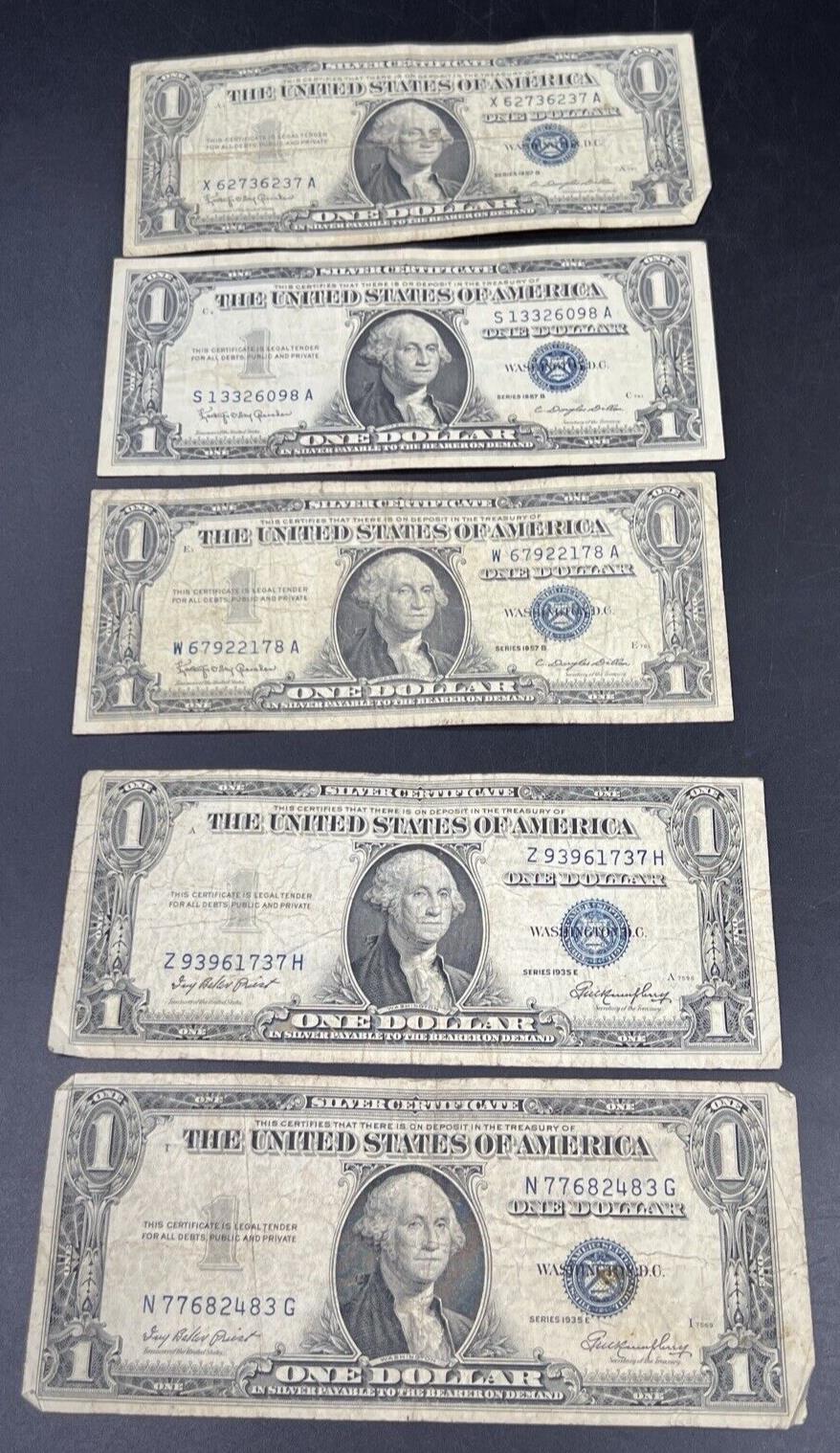 Lot of 5 Notes 1957 &1935 Silver Certificate Bill Currency US Blue Seal Notes $1
