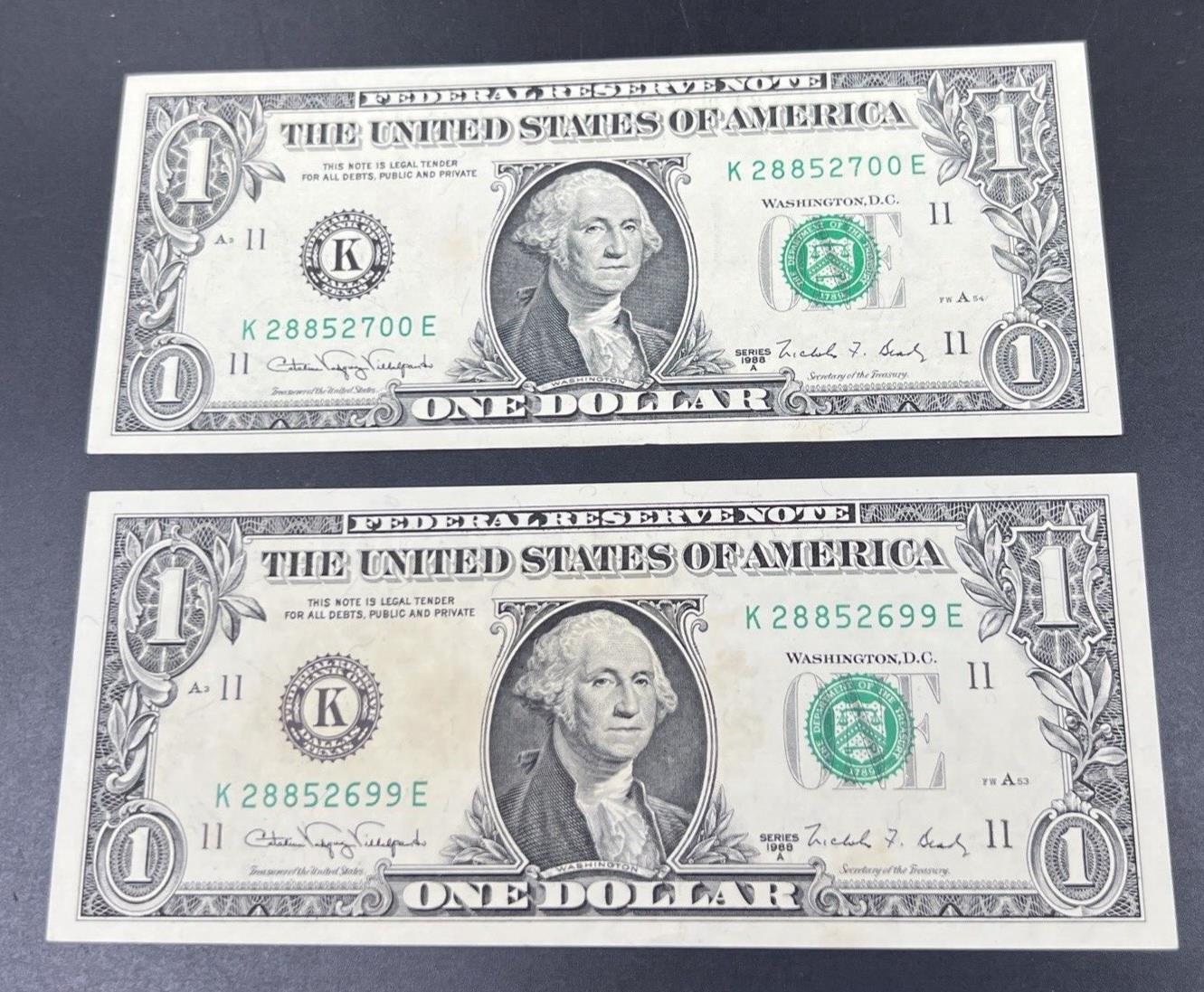 2 consecutive 1988 A $1 FRN Federal Reserve Note Dollar Bill US UNC Detail stain