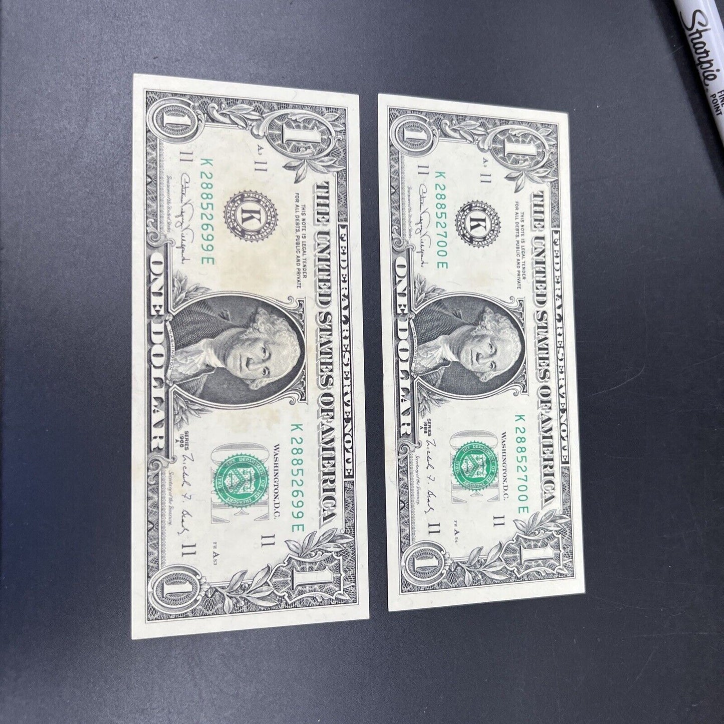 2 consecutive 1988 A $1 FRN Federal Reserve Note Dollar Bill US UNC Detail stain