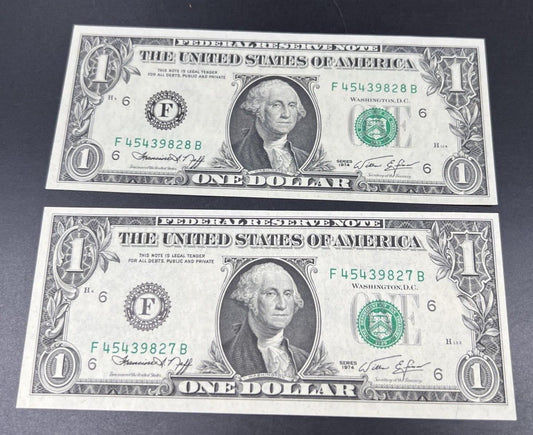 2 Consecutive Bills Lot 1974 FRN $1 Federal Reserve Note Bill CH UNC One Dollars