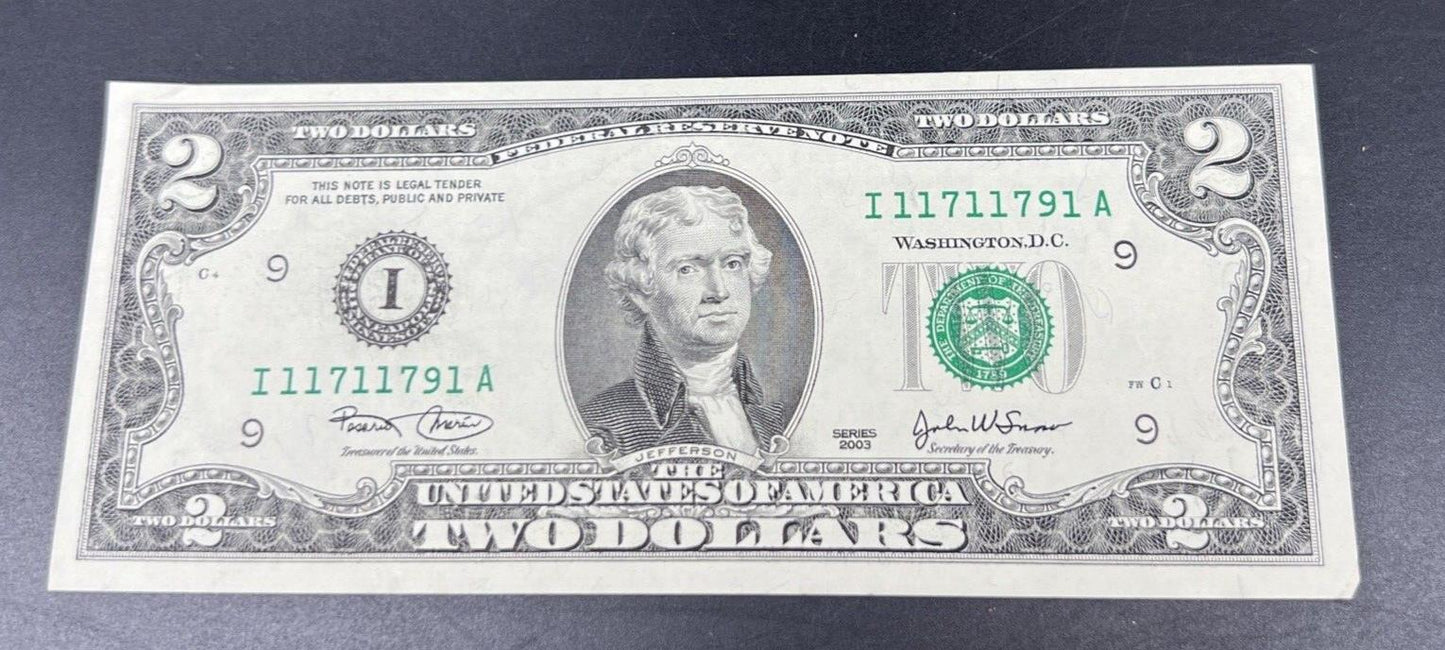2003 $2 FRN Federal Reserve Two Dollar Bil CU UNC Fancy Repeat Serial # Number