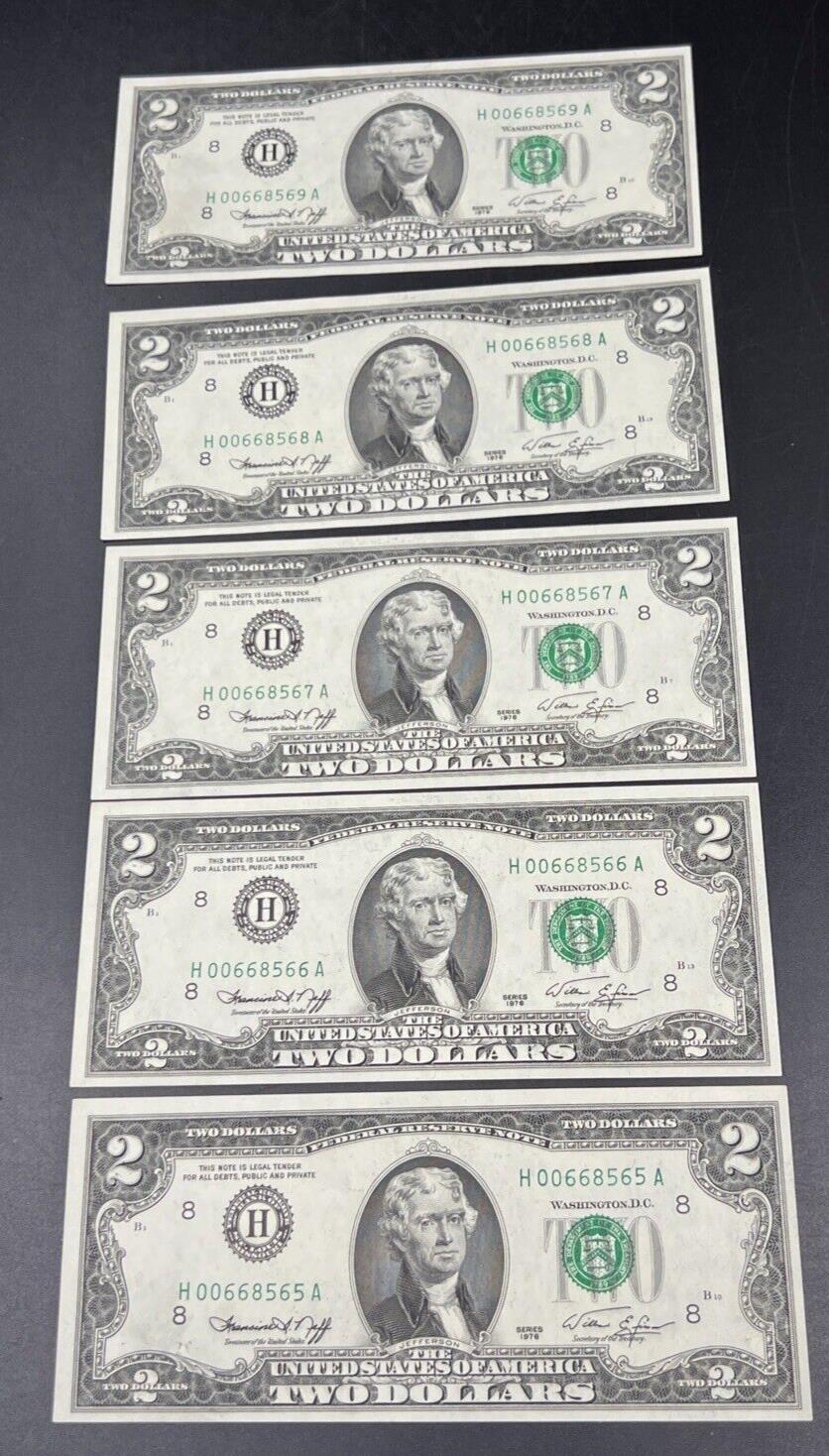 5 Consecutive 1976 $2 FRN Federal Reserve Note Bills CH UNC St Louis District