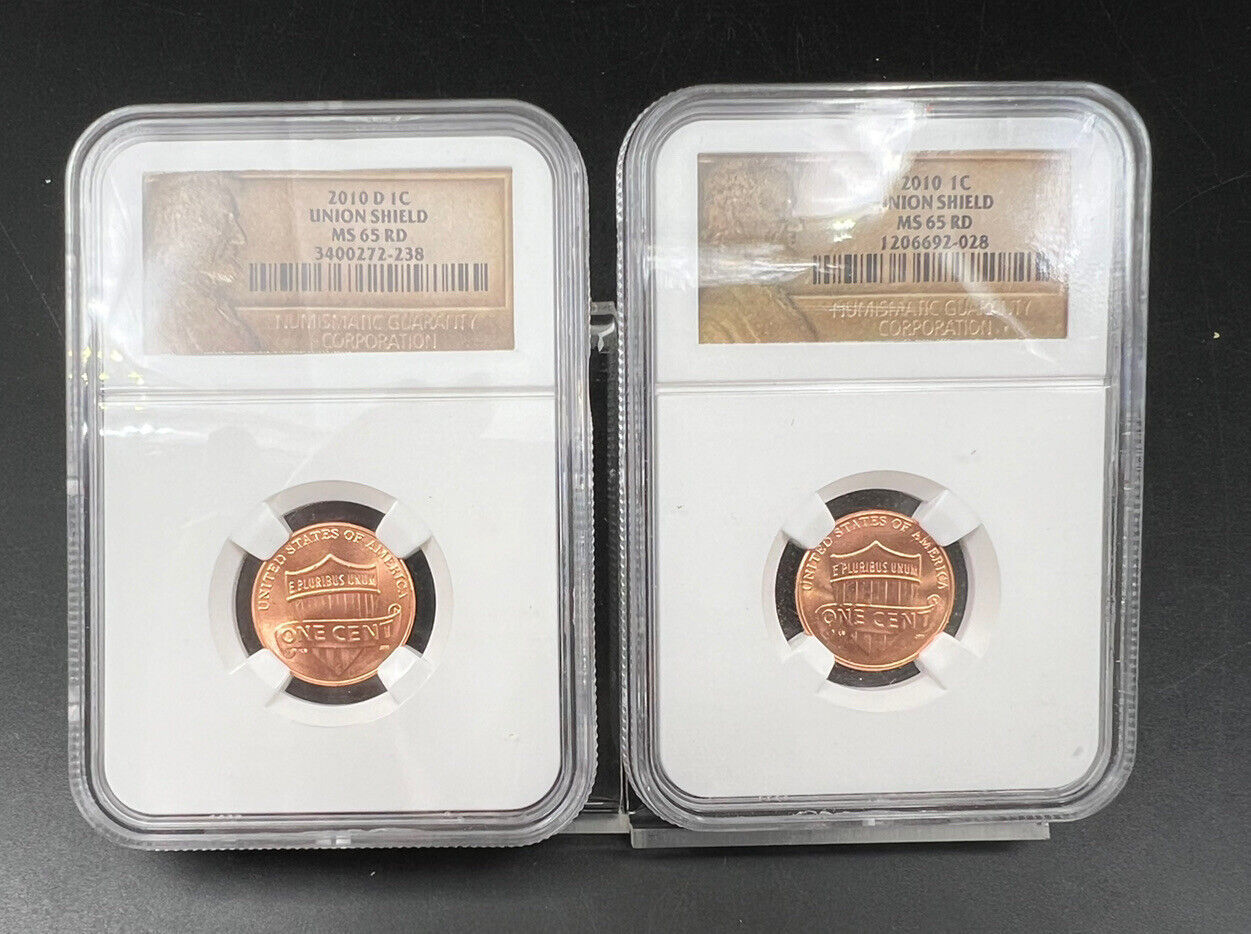 P & D 2 Coin 2010 NGC 1c Lincoln Shield Cent Penny First Year of Type MS65 RD