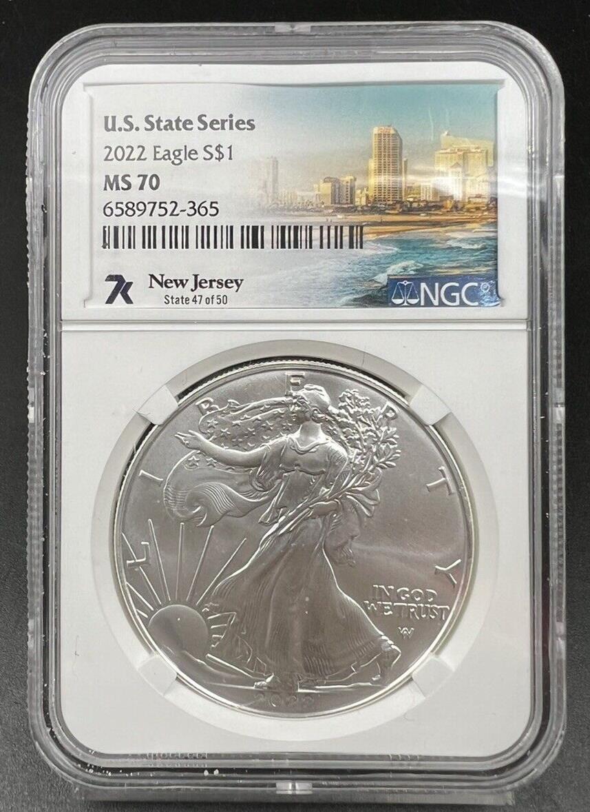 2022 T2 ASE American Silver Eagle Coin MS70 NGC State Series New Jersey GEM BU