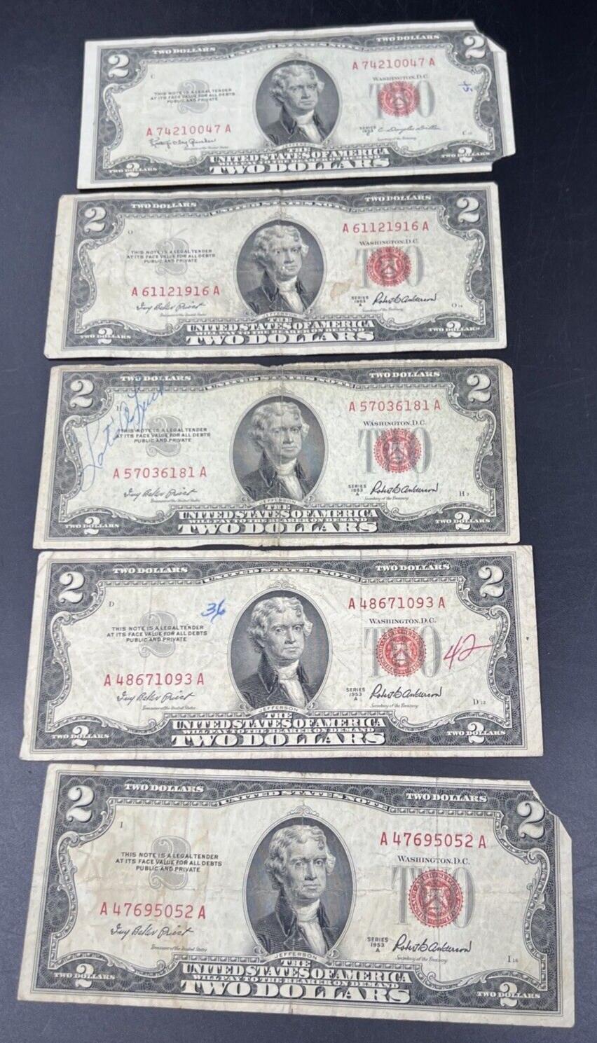 Lot of 5 1953 $2 Two Dollar United States Red Seal Legal Tender Very Circulated